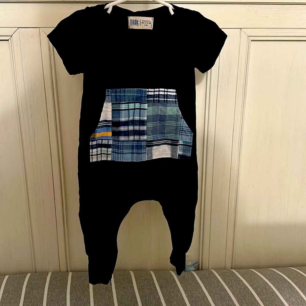 Thimble Collection short sleeve zipper onesie with Nantucket seersucker print